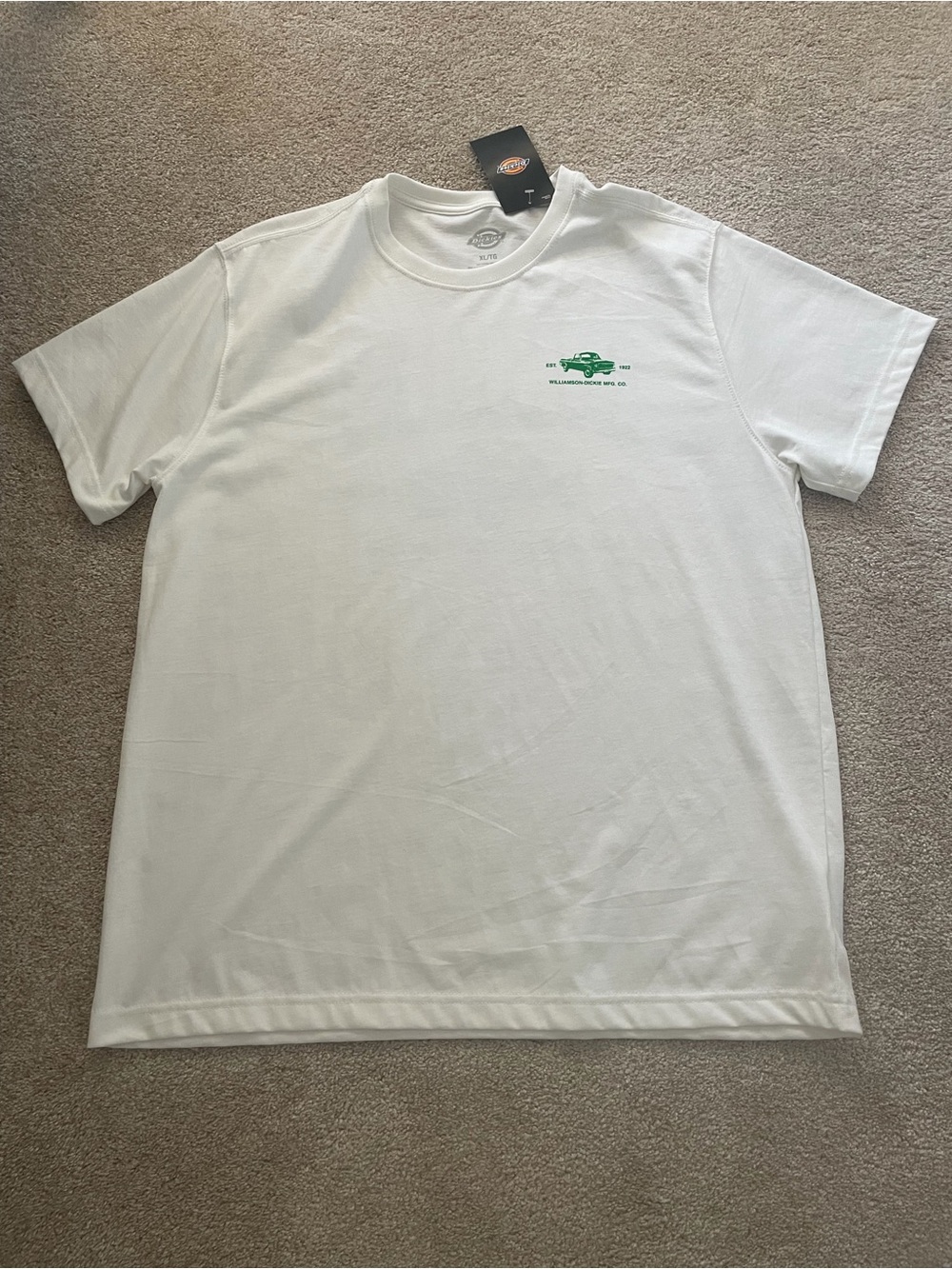 Dickies White Short Sleeve Crew Tee with Green Chest Logo
